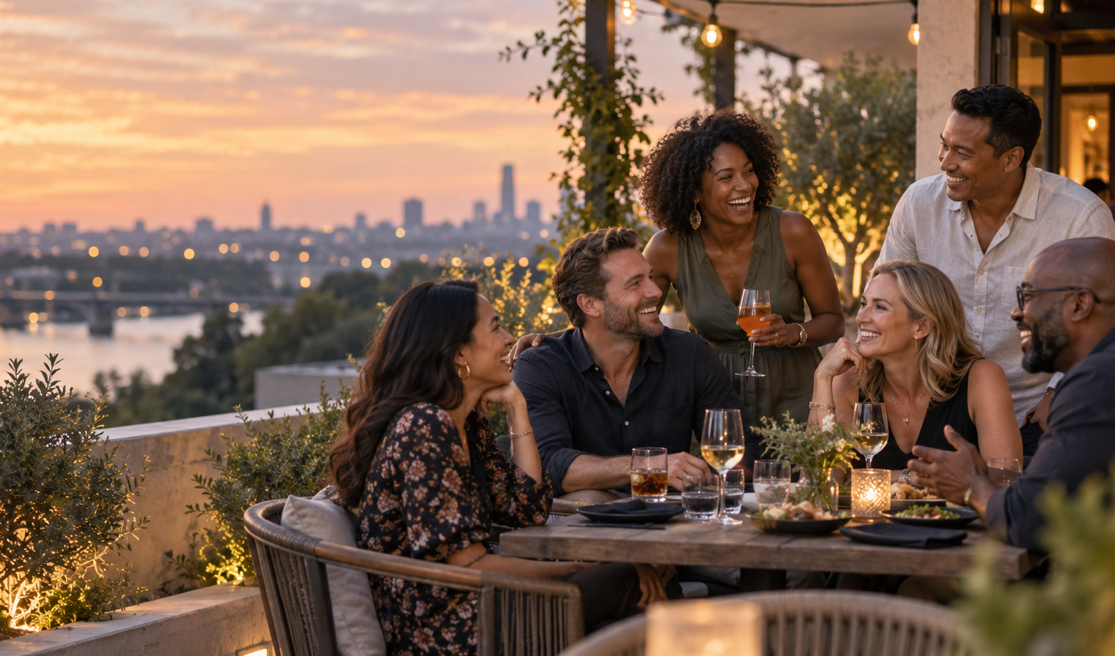Friends laughing together at an evening get-together in the city