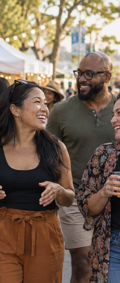 Friends walking through a farmers market