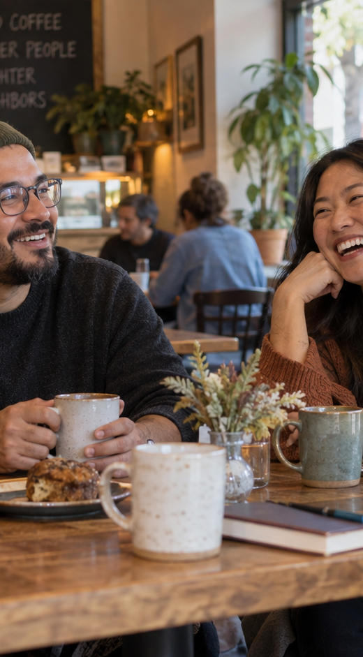 Three friends catching up over coffee